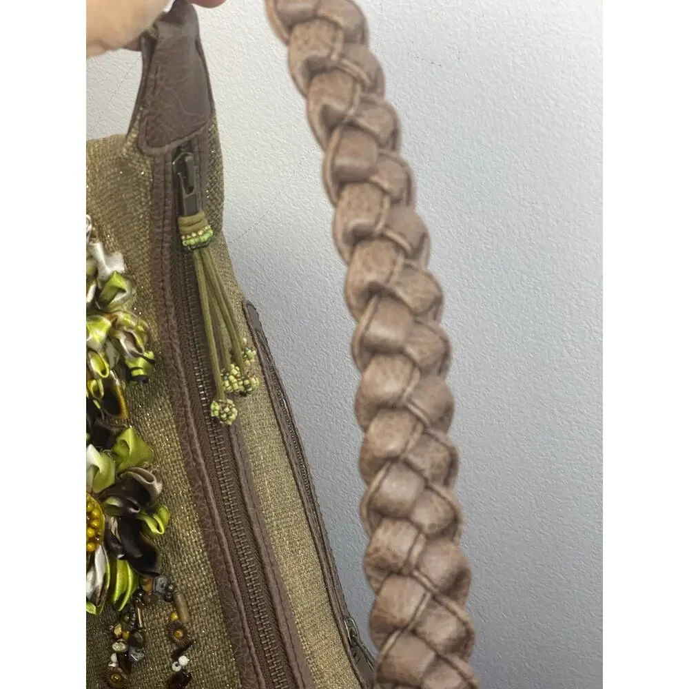 Mary Frances olive green burlap hobo bag floral embellished beaded art to wear